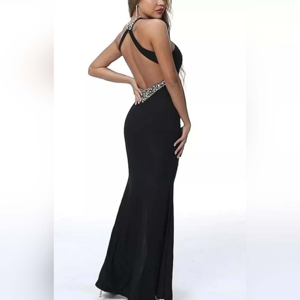 Goddess Black Halter Top MAXI long Gown BALL PROM DRESS WITH RHINESTONES Size 6